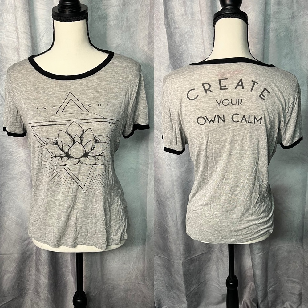 Miken Flow Gray and Black Lotus “Create Your Own Calm”Ringer Tee - size Small